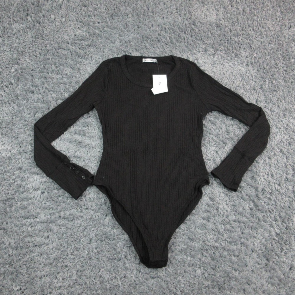 Culture Code Bodysuit Womens Large Black Ribbed Long Sleeve Scoop Neck NWT